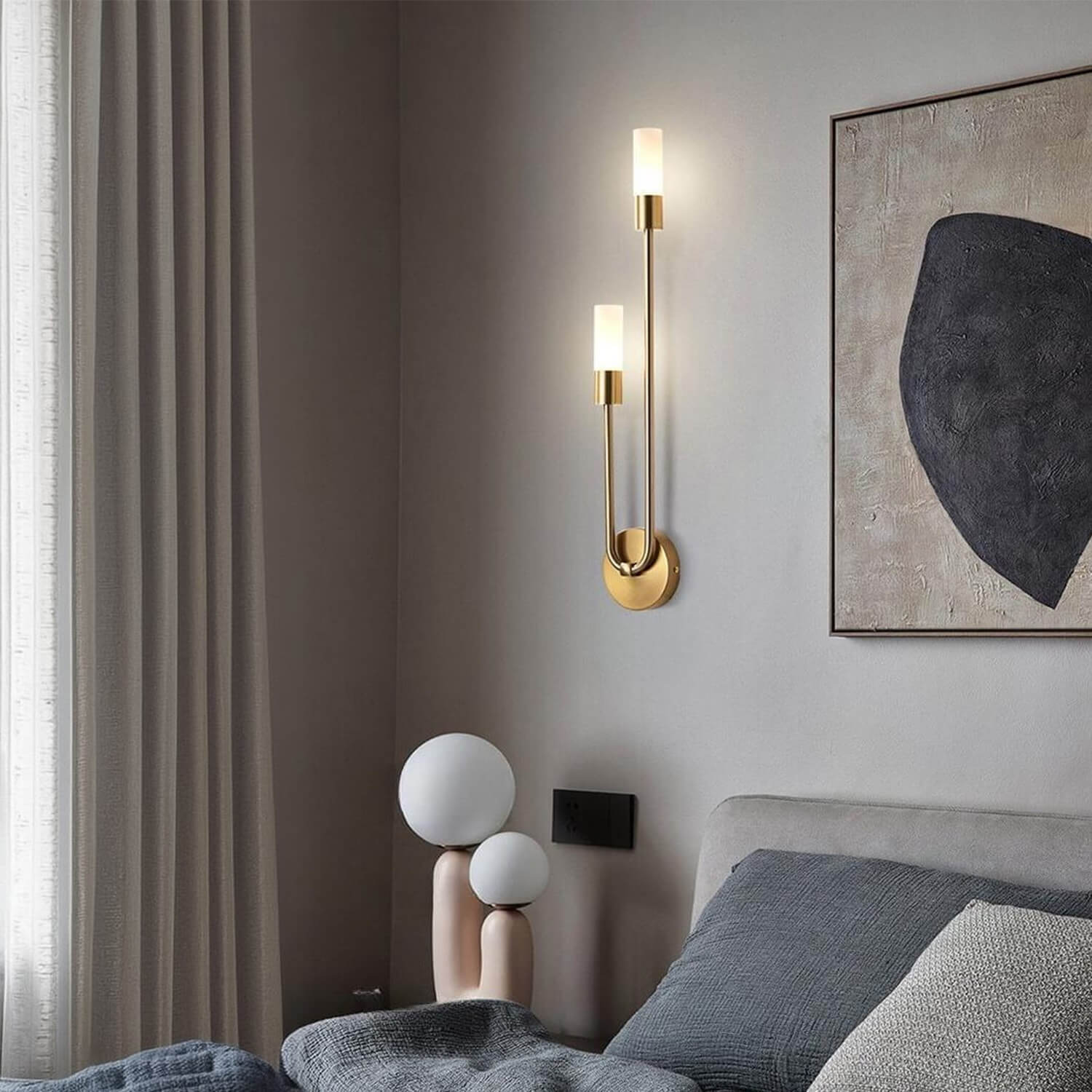 Twin Candle Wall Lamp - Brass Minimalist Sconce for Bedroom, Art Decor Accent with Warm Glow