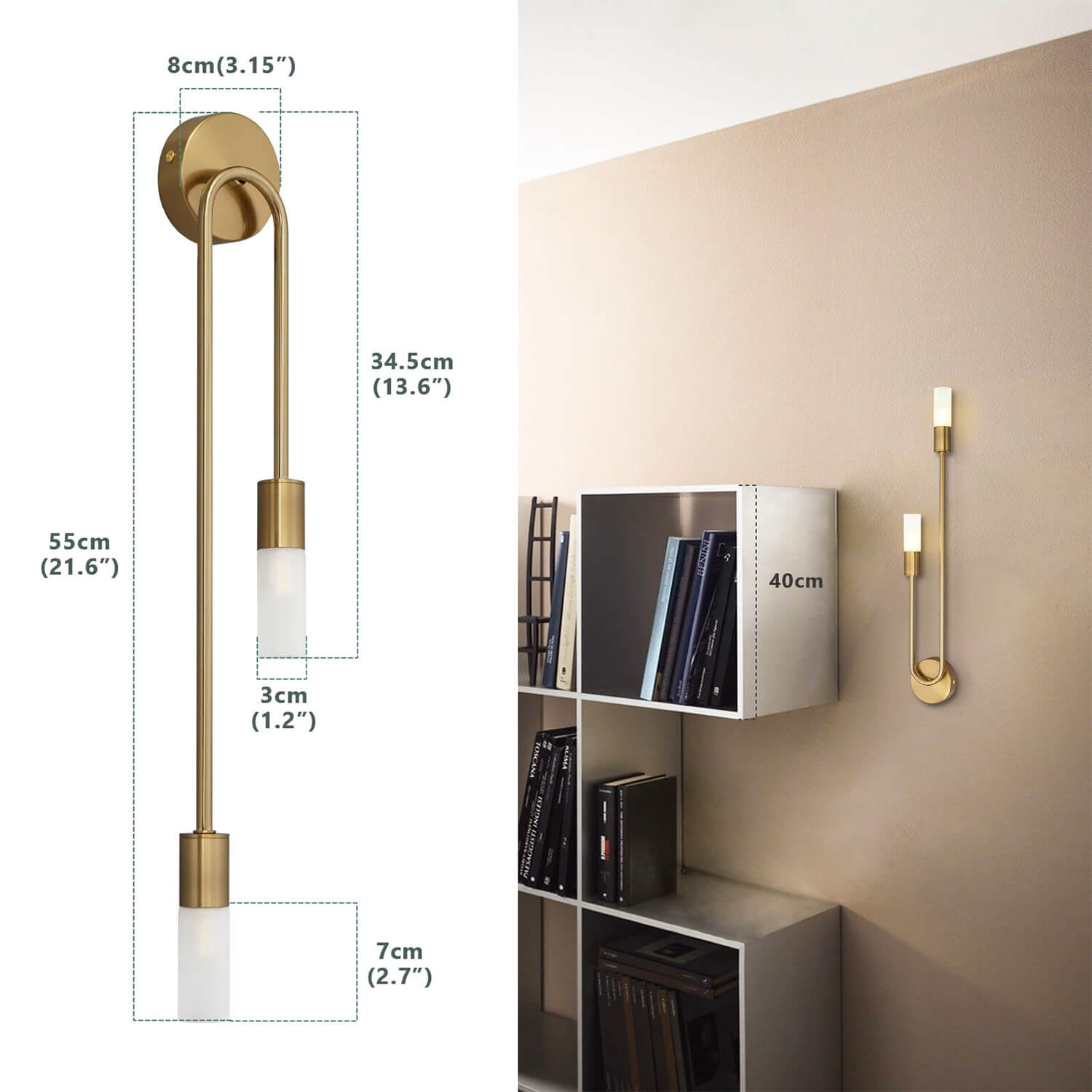 Twin Candle Wall Lamp: 55cm Height, Brass Finish - Installed by Bookshelf for Compact Living Spaces