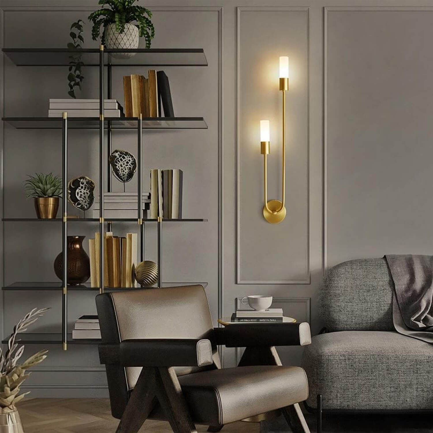 Twin Candle Wall Lamp - Brass Minimalist Sconce for Living Room, Accent Light by Bookshelf