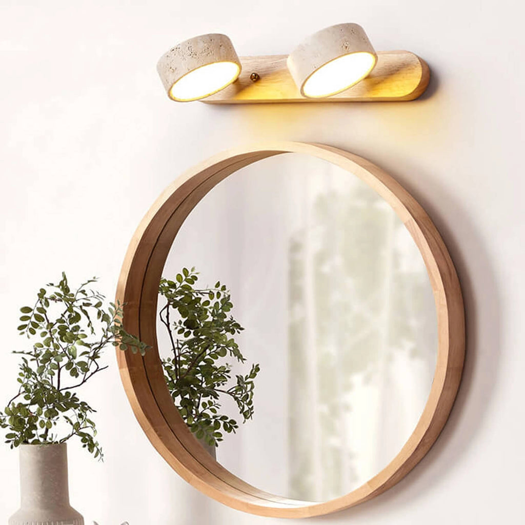 2-Light Rotatable Stone & Wood LED Vanity Light: Bathroom Mirror Front Lighting, Adjustable Warm Glow – Japandi Natural Minimalist Decor for Makeup, Shaving