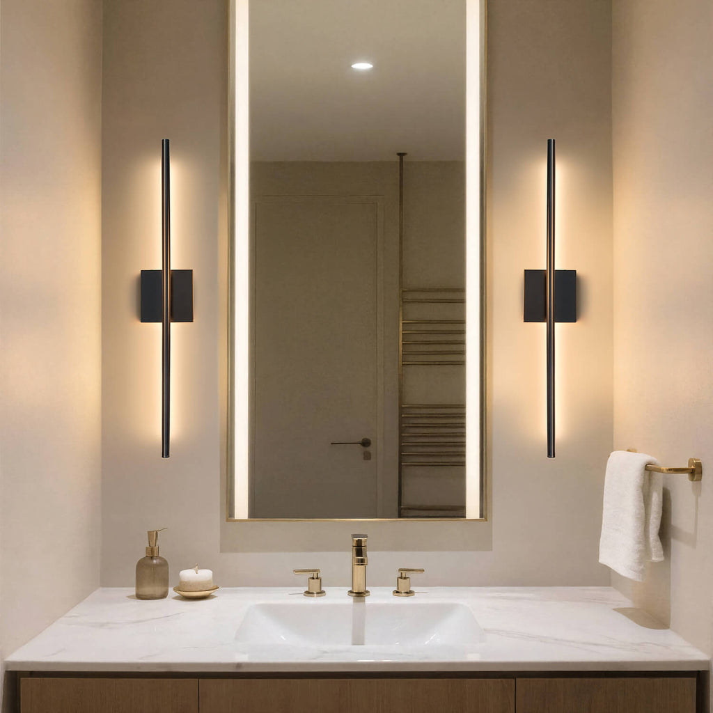 Modern Black Slim LED Wall Lamps: Bathroom Mirror Side Lighting, Waterproof, Warm Ambient Light – Symmetric Installation for Vanity Makeup & Shaving