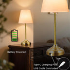 Battery Powered Vintage Brass Table Lamp with Type-C Charging: Rechargeable, USB Cable Included – Wireless Cordless Lighting for Bedroom, Living Room, Outdoor
