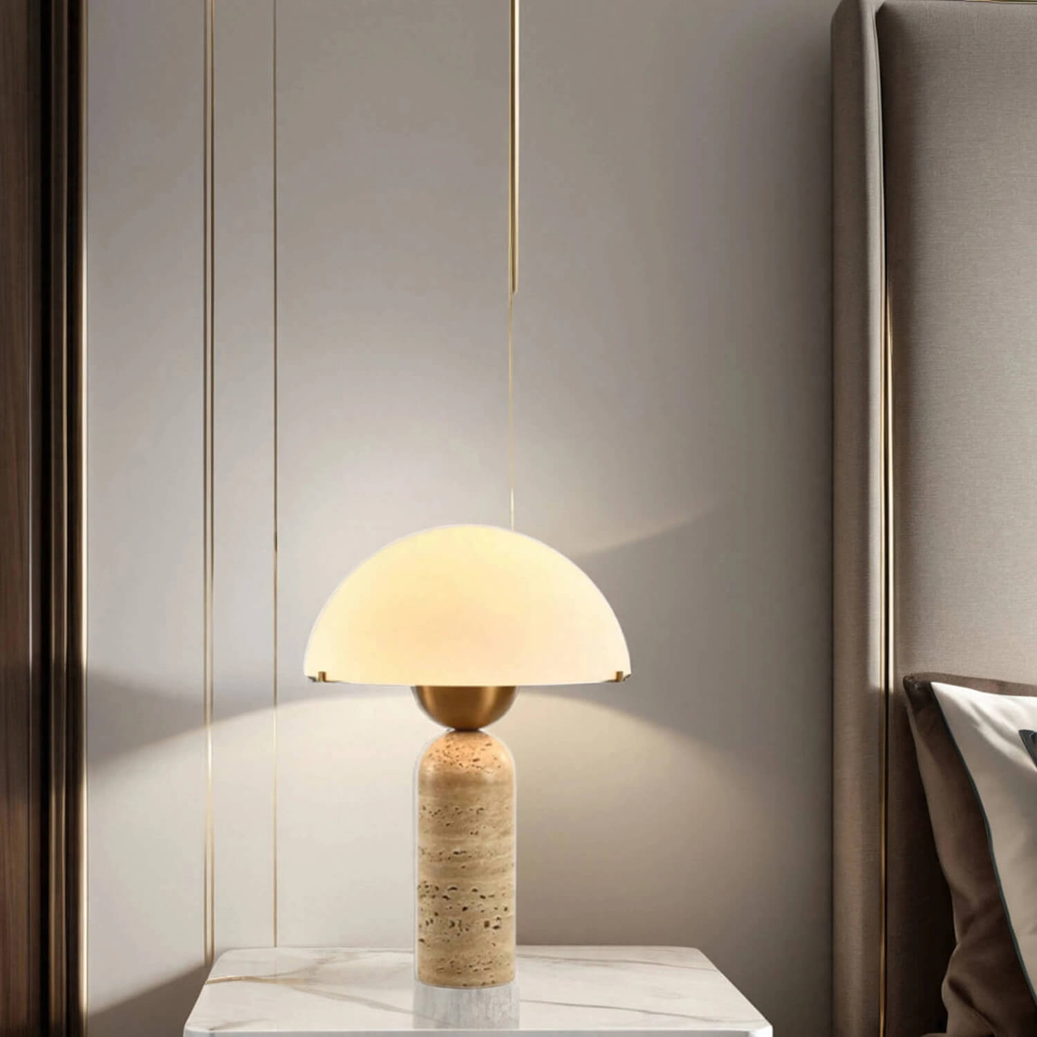 Mini Mushroom Table Lamp for Bedroom: Stone Base, Milk Glass Shade & Brass Connector – Compact Luxury Bedside Lighting with Soft Ambient Glow