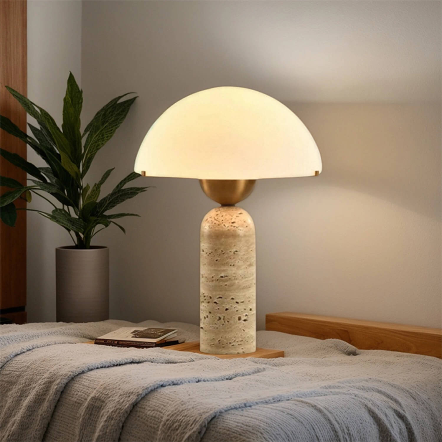 Natural Mini Mushroom Table Lamp for Bedroom: Stone Base, Milk Glass Shade & Brass Connector – Soft Ambient Glow for Bedside Reading Corner