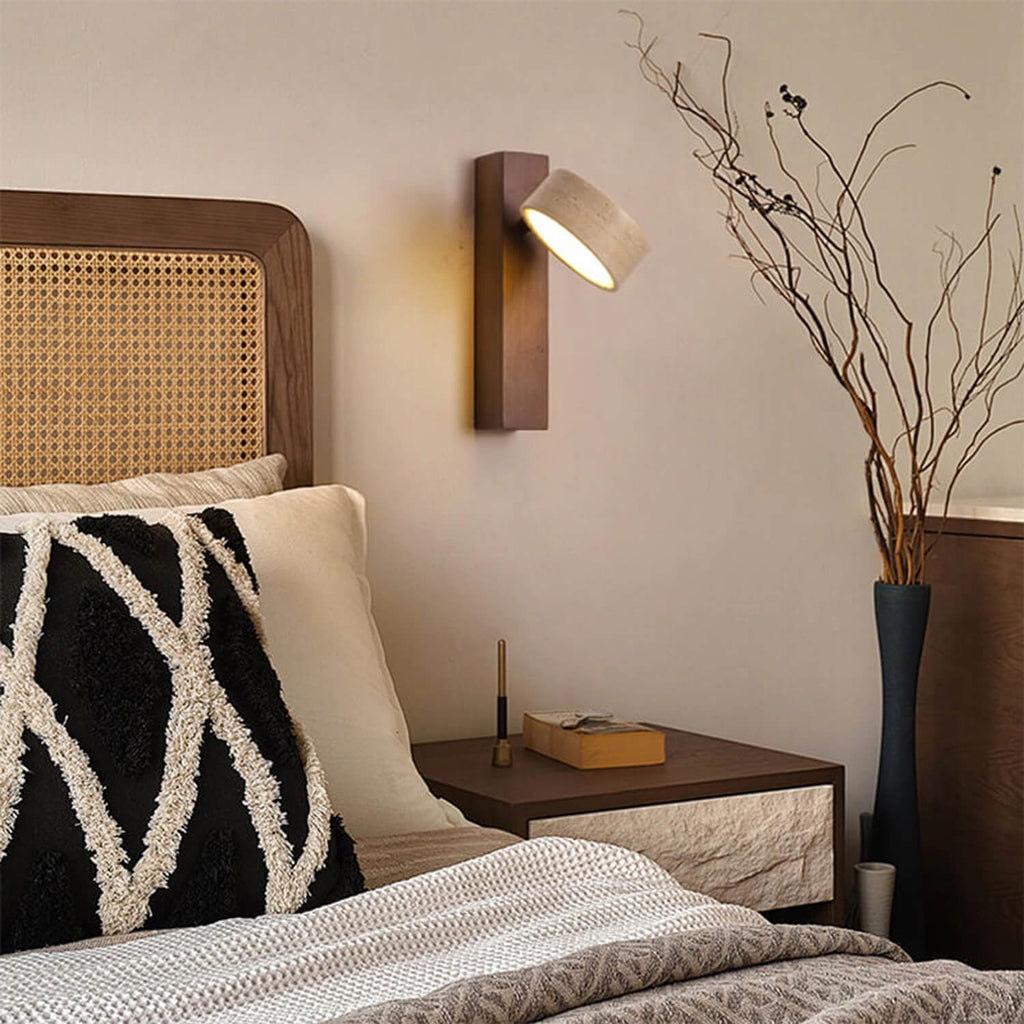 Rotatable Natural Stone & Wood LED Wall Sconce for Bedroom: Japandi Bedside Reading Light, 180° Adjustable Warm Glow – Minimalist Decor for Bedside, Corridor, Living Room
