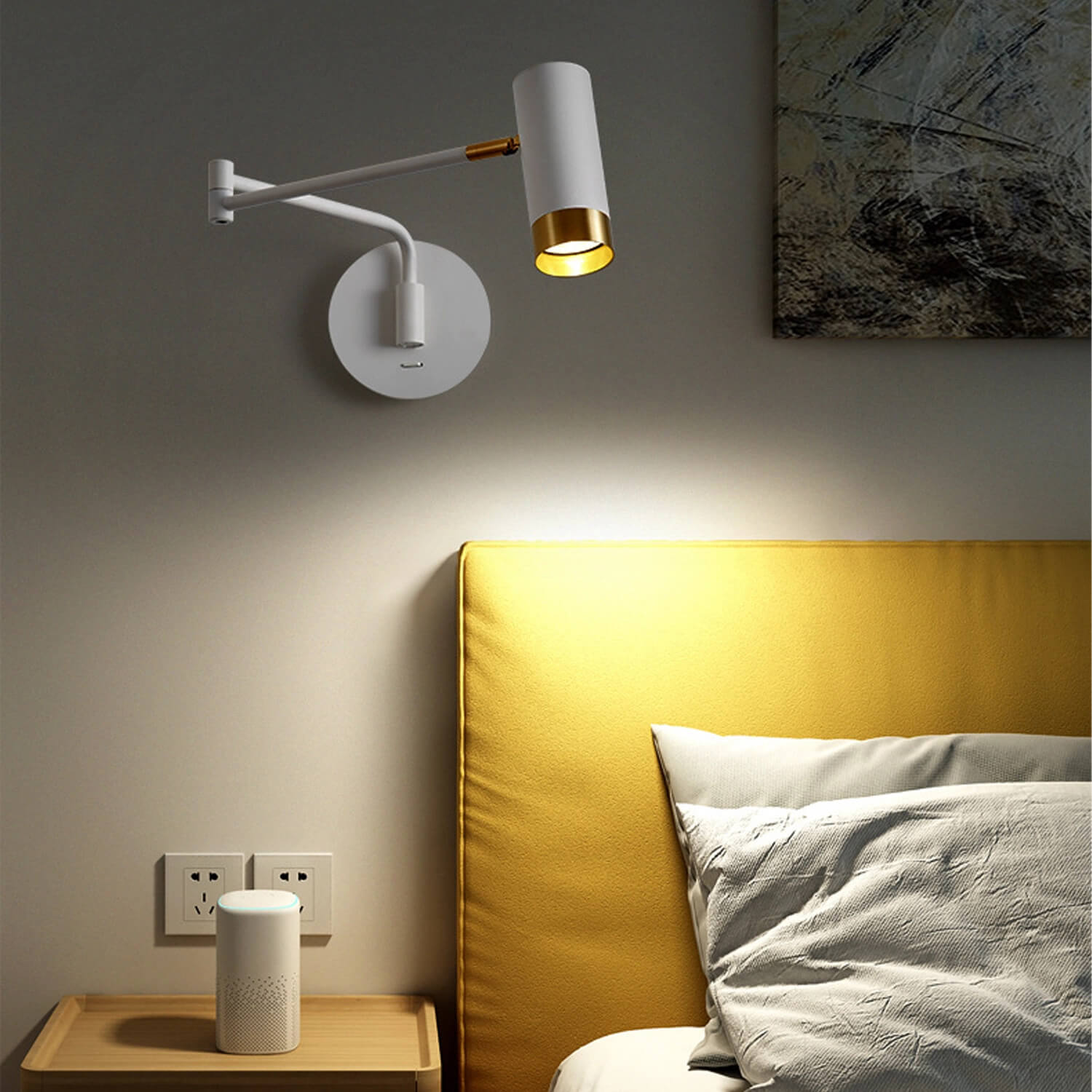 White Gold Adjustable LED Wall Sconce for Bedroom: Warm Ambient Light, Rotatable Arm & Tiltable Head – Modern  Bedside Reading Lighting