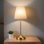 Vintage Brass Table Lamp for Bedroom Bedside: Warm Ambient Light, White Linen Shade – Minimalist Retro Decor for Nightstand, Living Room