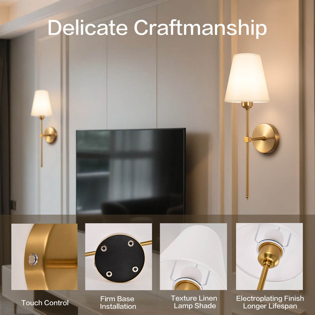 Bronze Wall Lamps with Delicate Craftsmanship - Touch Control, Firm Base & Texture Linen Shade, Electroplating Finish for Longer Lifespan