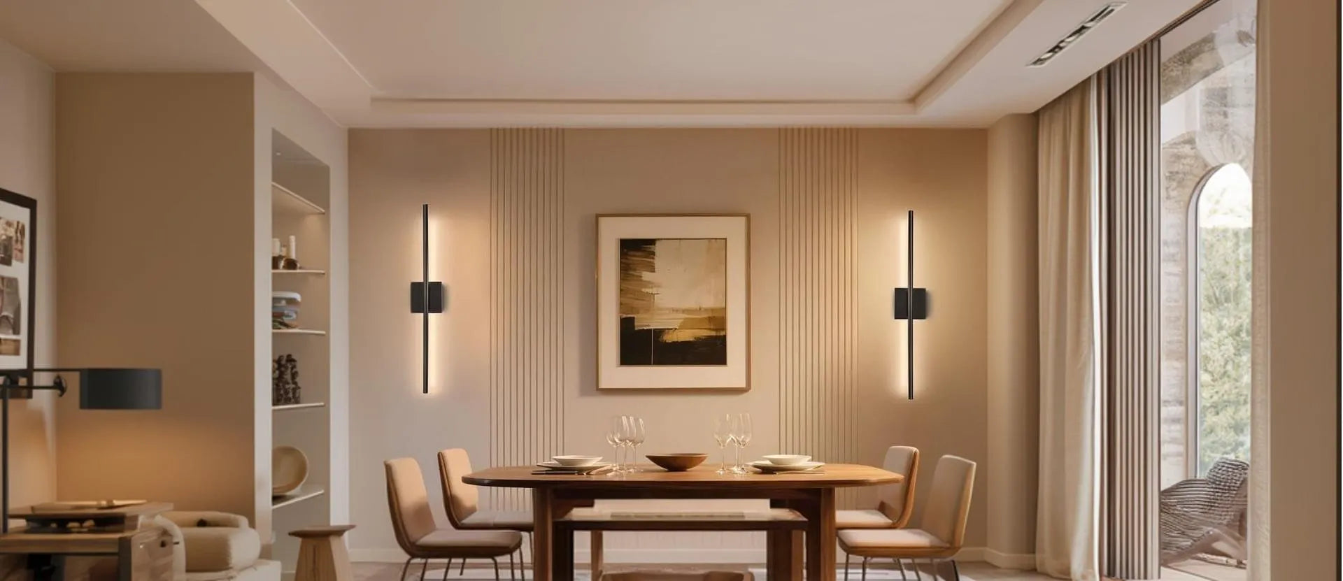 Coolilumi modern linear wall lights in black finish installed in a minimalist dining room – warm lighting fixtures for home decor, complementing wooden furniture and neutral color palette.