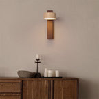 Coolilumi Travertine Wall Lamp in living room, adjustable wooden light fixture for modern home.