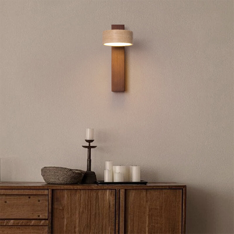 Coolilumi Travertine Wall Lamp in living room, adjustable wooden light fixture for modern home.