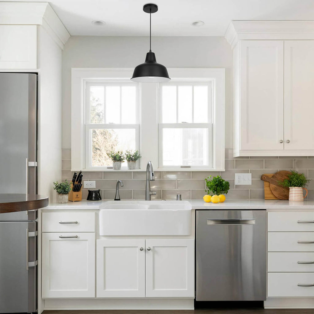 Black Coolilumi Pot Lid Pendant Lamp Hanging Over Kitchen Sink | Modern Metal Shade Design | Elegant Lighting for White Cabinetry & Farmhouse-Inspired Kitchens