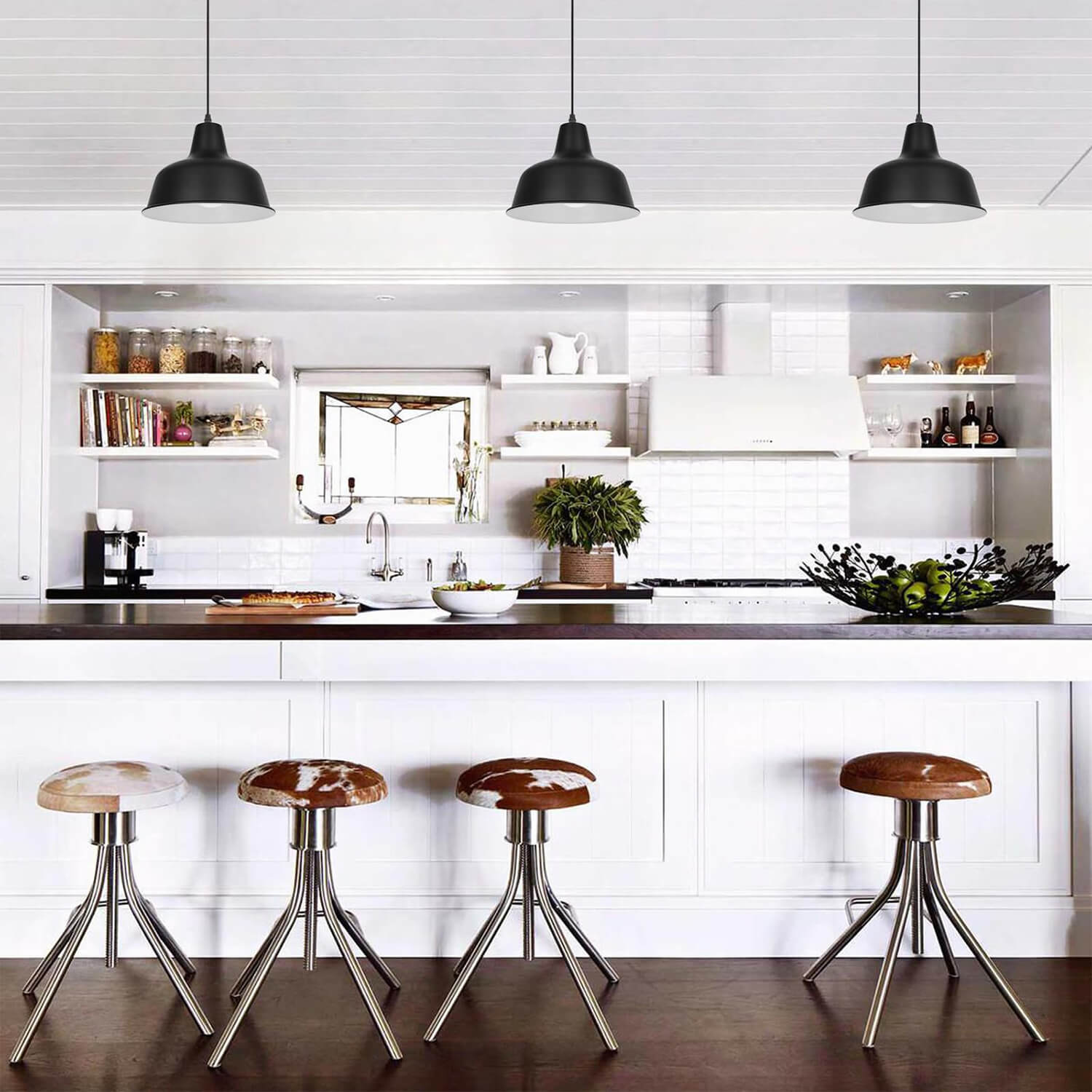 3-Pack Black Coolilumi Pot Lid Pendant Lamps Over Kitchen Island | Modern Metal Shade Design | Industrial Elegance for White Cabinetry & Bar Stool Setup