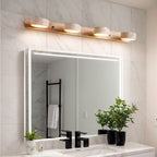 Coolilumi Travertine Wall Light mounted above bathroom vanity, rotatable solid wood lamp adds modern elegance to bathroom lighting.
