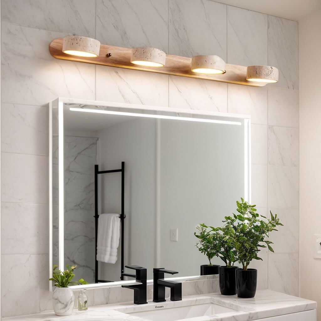 Coolilumi Travertine Wall Light mounted above bathroom vanity, rotatable solid wood lamp adds modern elegance to bathroom lighting.