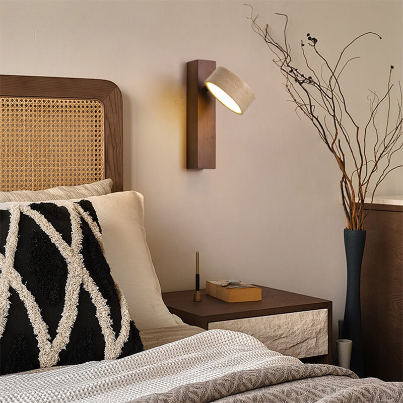 Modern wall sconce for bedroom, Coolilumi rotatable wood and travertine lamp beside bed.