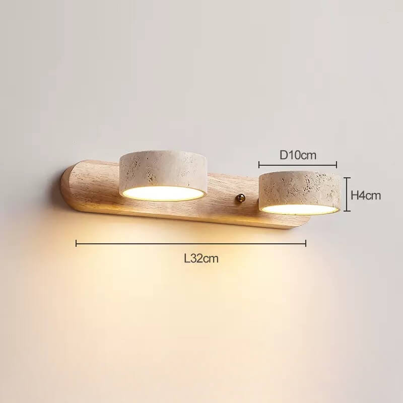 Detailed size guide of Coolilumi Travertine Wall Light, rotatable wooden lamp with stone base for bathroom and living room.