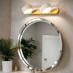 Modern bathroom wall sconce by Coolilumi, travertine base with adjustable solid wood lamp.