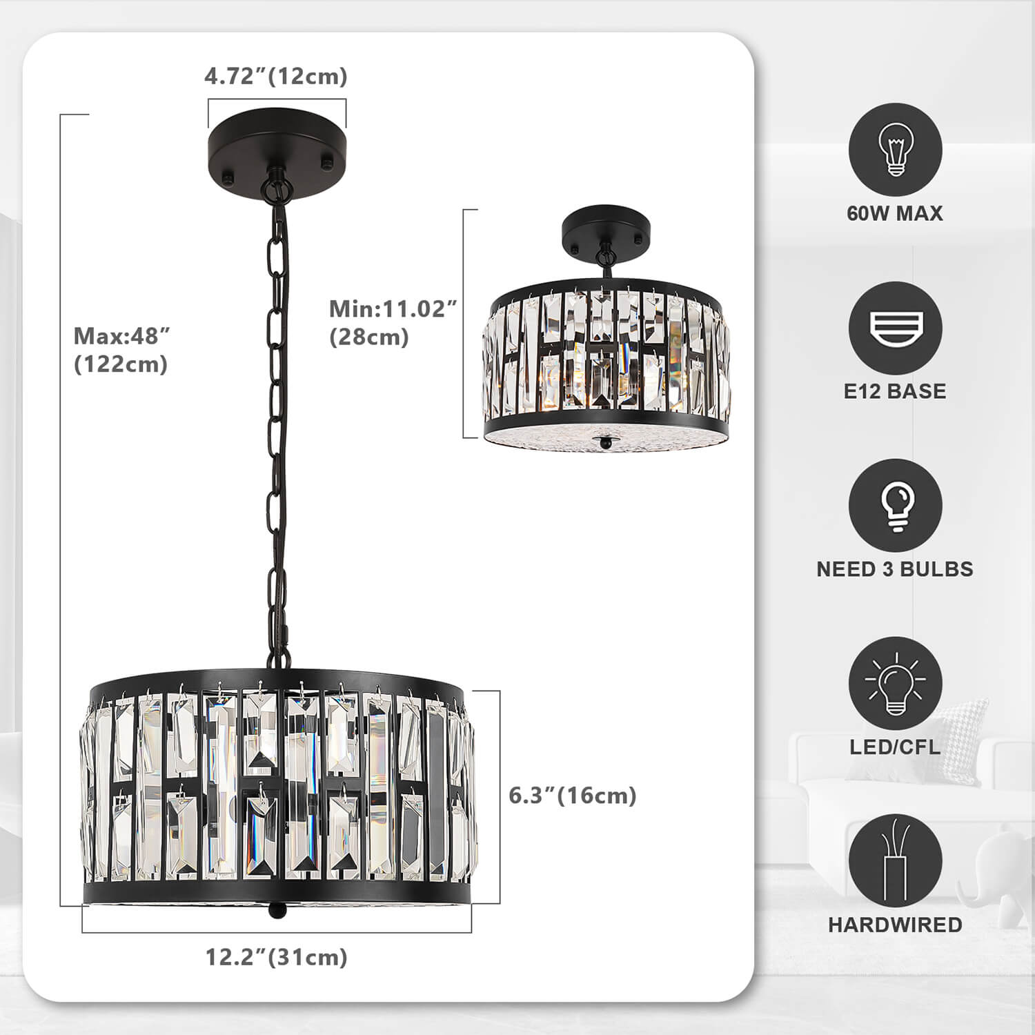 Crystal Chandelier with 12.2" Diameter & 11.02"-48" Adjustable Chain - E12 Base, 60W Max, Requires 3 LED/CFL Bulbs, Hardwired Installation for Ceiling