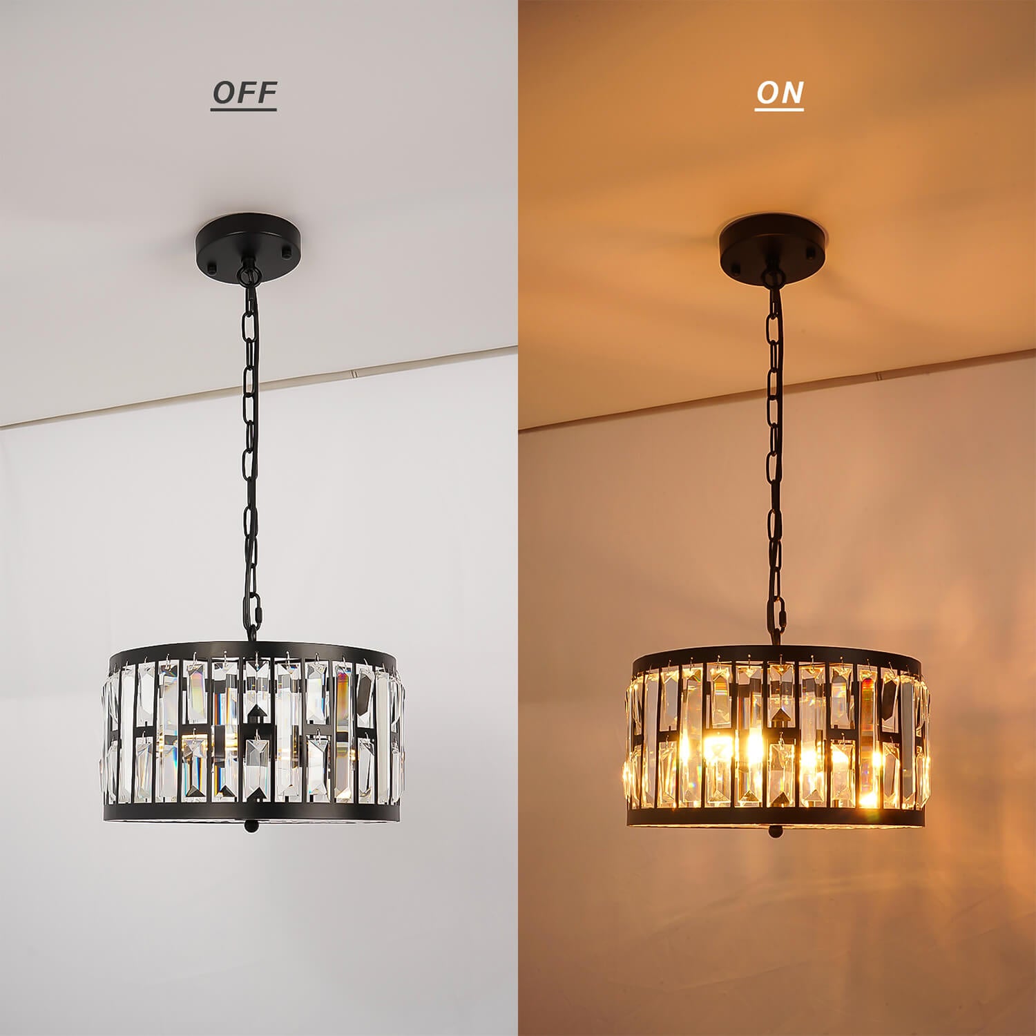 Crystal Chandelier On/Off Lighting Comparison - Dazzling Crystal Accents Shine Bright When Lit, Creates Warm Ambiance for Living Room & Dining Room