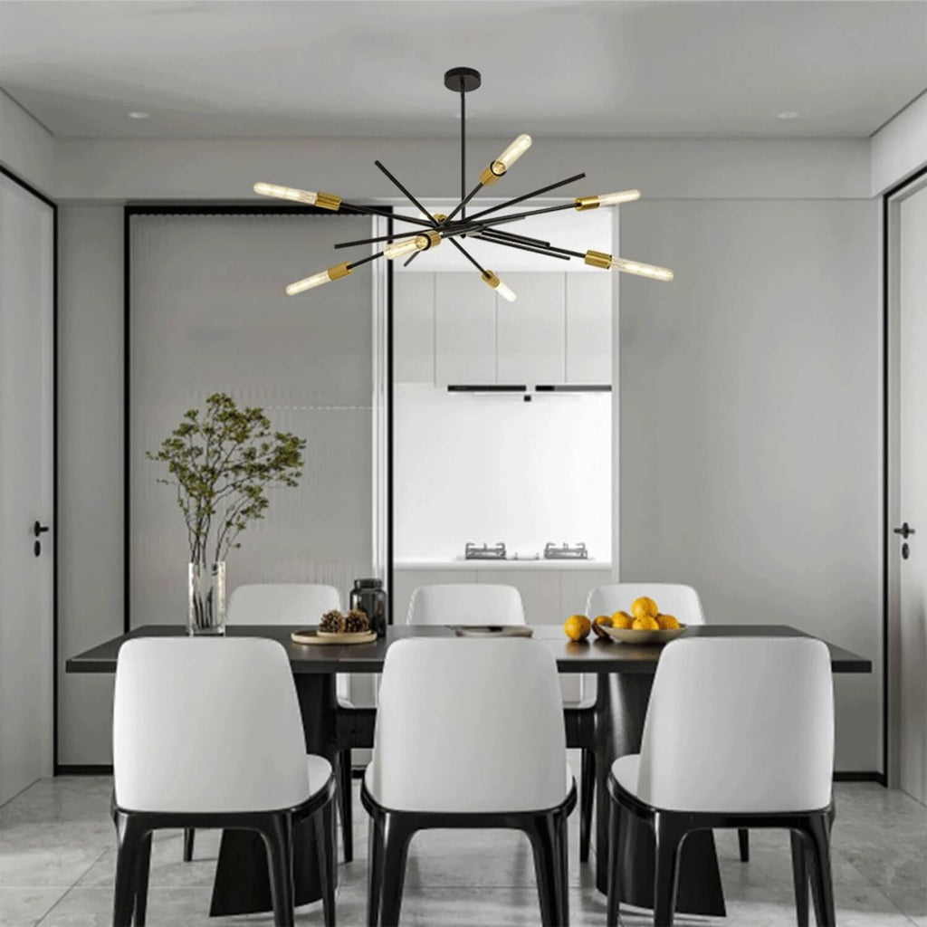 Eight Bulb Black Gold Starry Sky Chandelier Over Dining Table | Modern Luxury Celestial Ceiling Lamp with Warm Glow | Statement Lighting for Contemporary Interiors, Dining Room & Bedroom