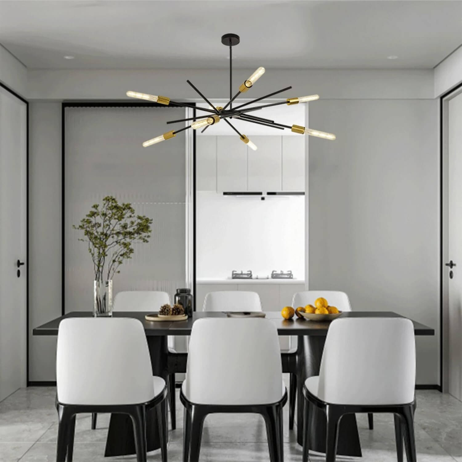Eight Bulb Black Gold Starry Sky Chandelier Over Dining Table | Modern Luxury Celestial Ceiling Lamp with Warm Glow | Statement Lighting for Contemporary Interiors, Dining Room & Bedroom