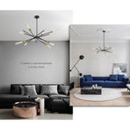 Black Gold Starry Sky Chandelier in Two Modern Living Rooms – Dark Grey Sofa vs Blue Couch Setup | Versatile Eight-Bulb Spiral Design for Personalized Contemporary Interiors