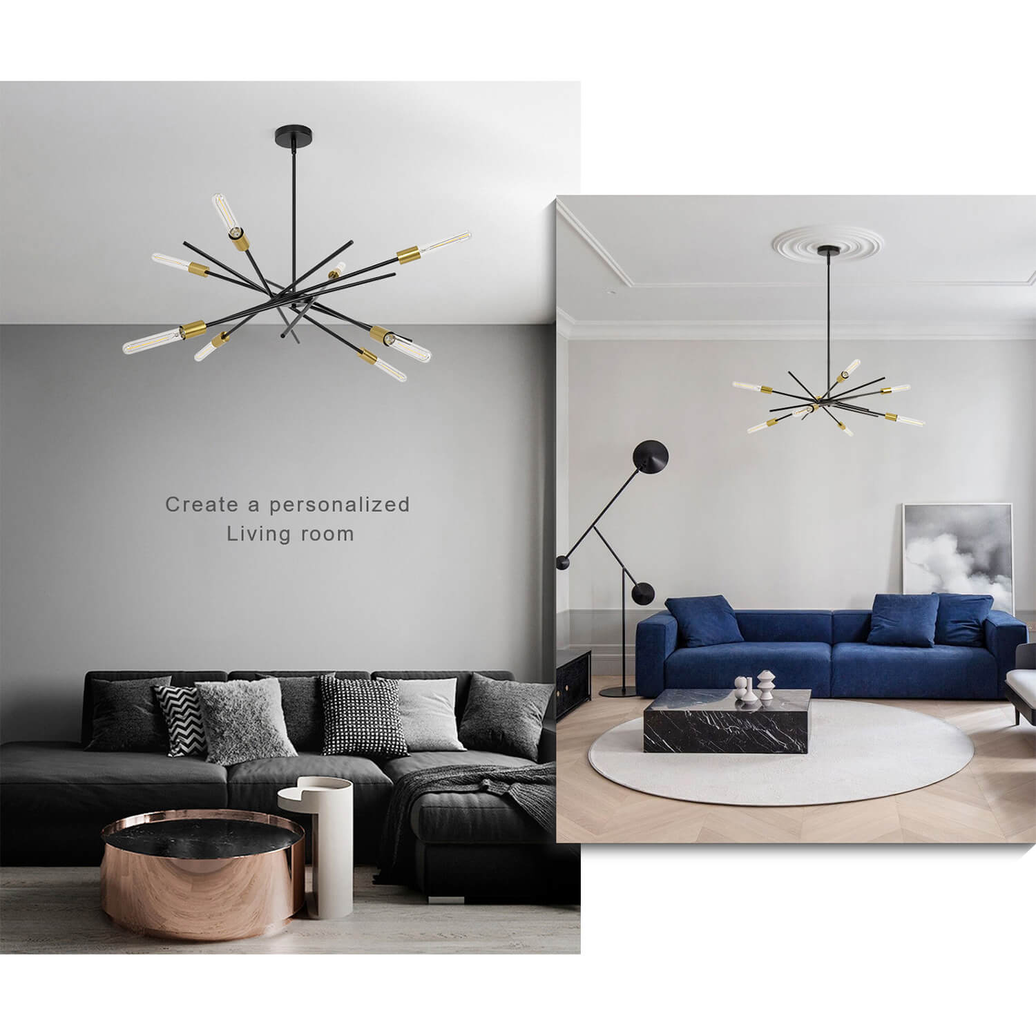 Black Gold Starry Sky Chandelier in Two Modern Living Rooms – Dark Grey Sofa vs Blue Couch Setup | Versatile Eight-Bulb Spiral Design for Personalized Contemporary Interiors