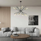 Black Gold Starry Sky Chandelier in Modern Living Room | Eight-Bulb Spiral Design with Warm Glow | Statement Lighting for Contemporary Interiors, Sofa Area & Artwork Display