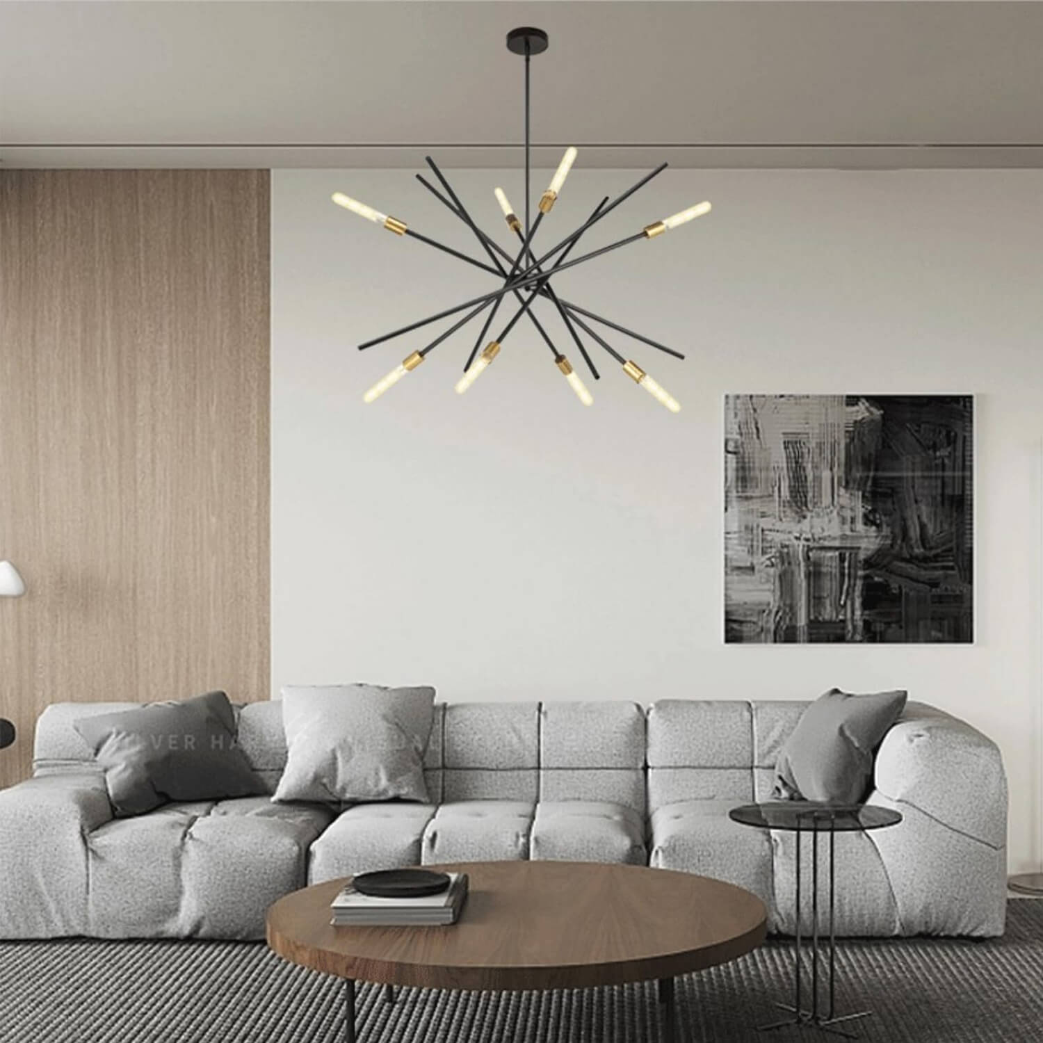 Black Gold Starry Sky Chandelier in Modern Living Room | Eight-Bulb Spiral Design with Warm Glow | Statement Lighting for Contemporary Interiors, Sofa Area & Artwork Display