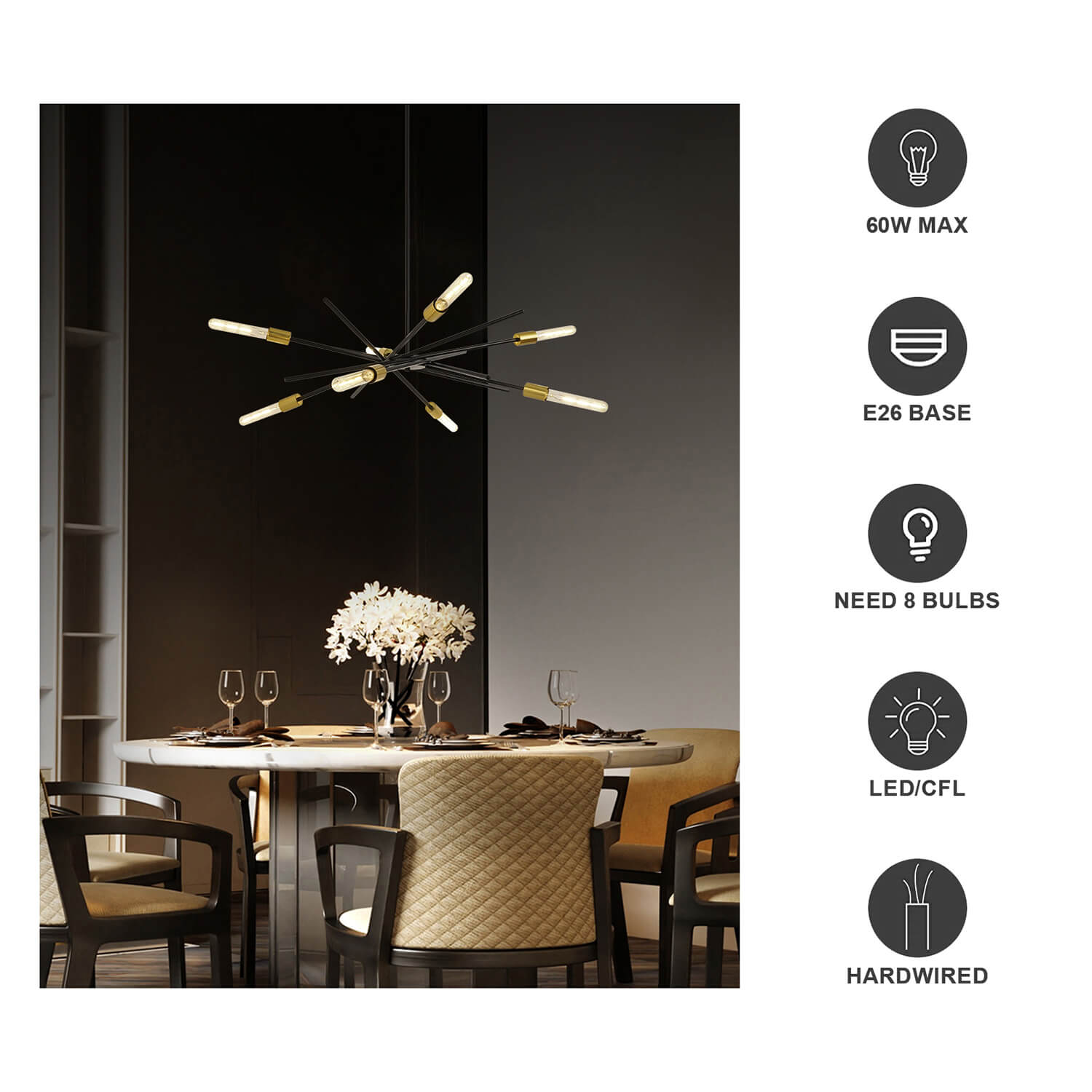 Eight Bulb Black Gold Starry Sky Chandelier in Dining Room | E26 Base, 60W Max, Hardwired | Modern Luxury Lamp Requiring 8 LED/CFL Bulbs (Not Included)