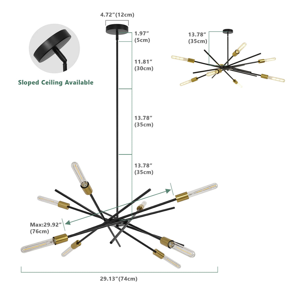 Eight Bulb Starry Sky Chandelier Dimensions: 29.13" Diameter, 13.78" Height | Sloped Ceiling Compatible Black Gold Modern Ceiling Lamp with Measurement Guide