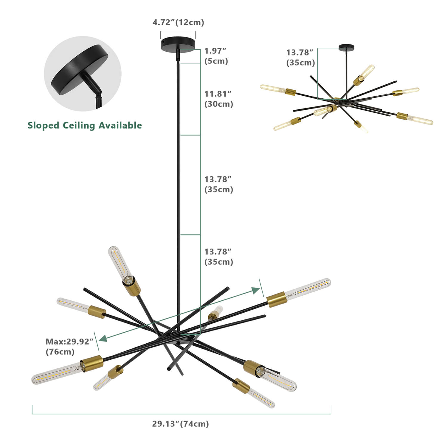 Eight Bulb Starry Sky Chandelier Dimensions: 29.13" Diameter, 13.78" Height | Sloped Ceiling Compatible Black Gold Modern Ceiling Lamp with Measurement Guide