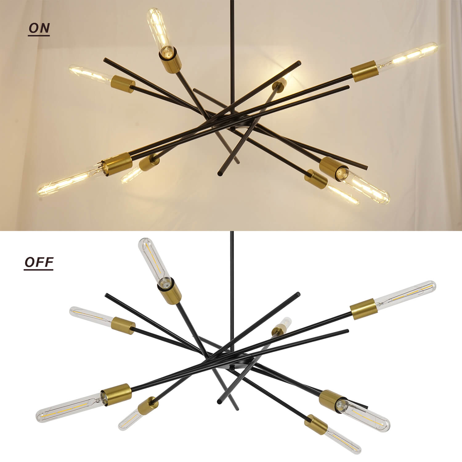Eight Bulb Black Gold Starry Sky Chandelier: ON (Warm Celestial Glow) vs OFF (Sleek Black Gold Metal Structure) | Modern Statement Lamp for Ambient Lighting Control