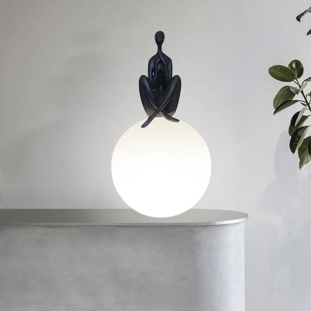 Sitting Figurine Sphere Shade LED Table Lamp: Minimalist Artistic Design, Soft Ambient Glow – Entryway Console/ Living Room Corner Decor Lighting