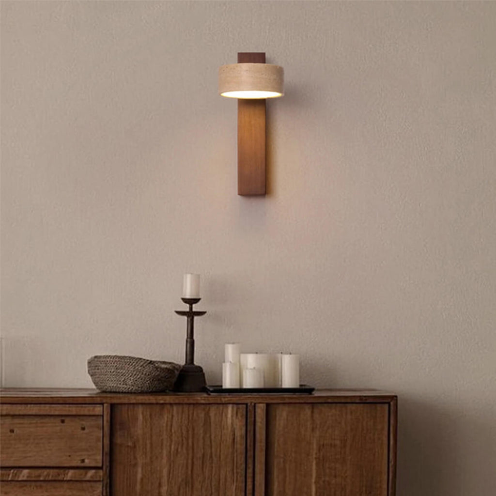 Natural Stone & Wood Cylinder LED Wall Sconce: Entryway Ambient Lighting, Warm Glow, Minimalist Geometric Decor – For Bedroom, Corridor, Living Room