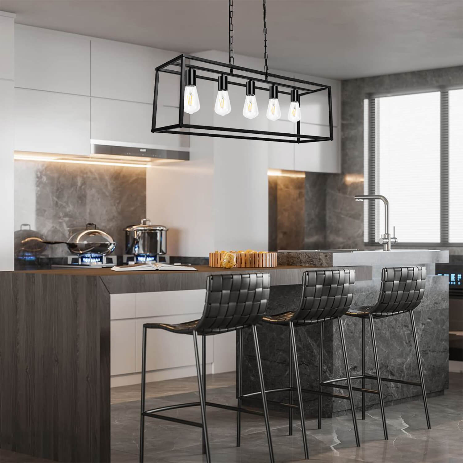 Five-Bulb Long Island Lamp – Modern Pendant Light with Elongated Design, Perfect for Kitchen Island, Dining Room & Stylish Interiors