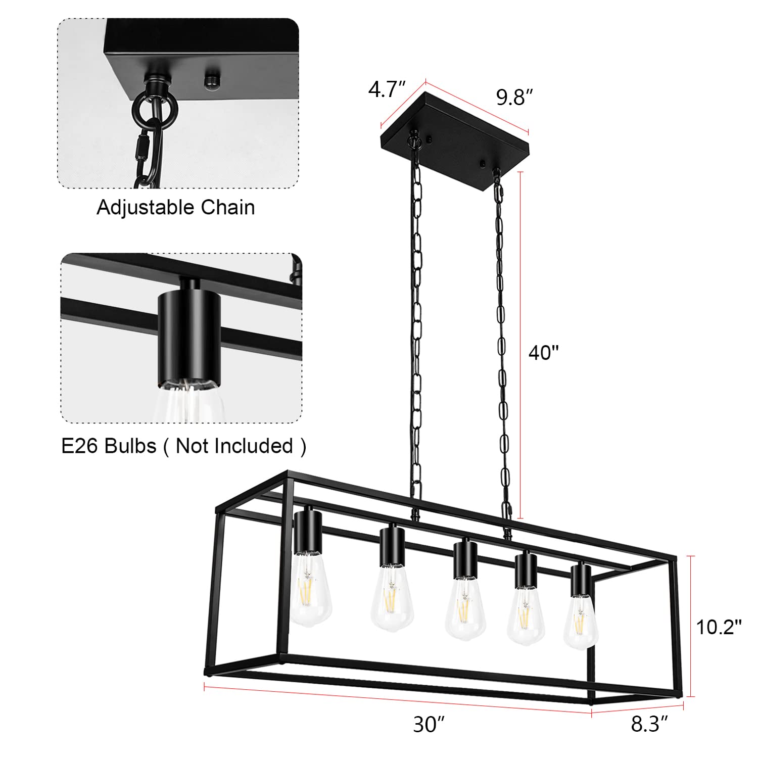 Five-Bulb Long Island Pendant Light - 30" Length with 40" Adjustable Chain, E26 Base (Bulbs Not Included), Perfect for Kitchen Island & Dining Room