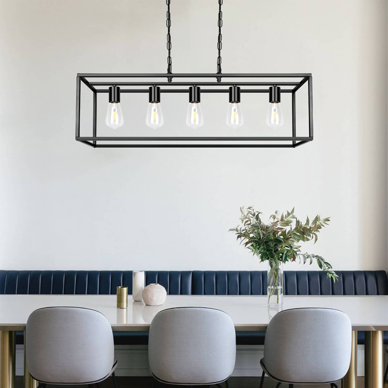 Five-Bulb Long Island Pendant Light for Dining Room – Modern Black Metal Frame with Elongated Design, Perfect for Stylish Interiors & Long Tables