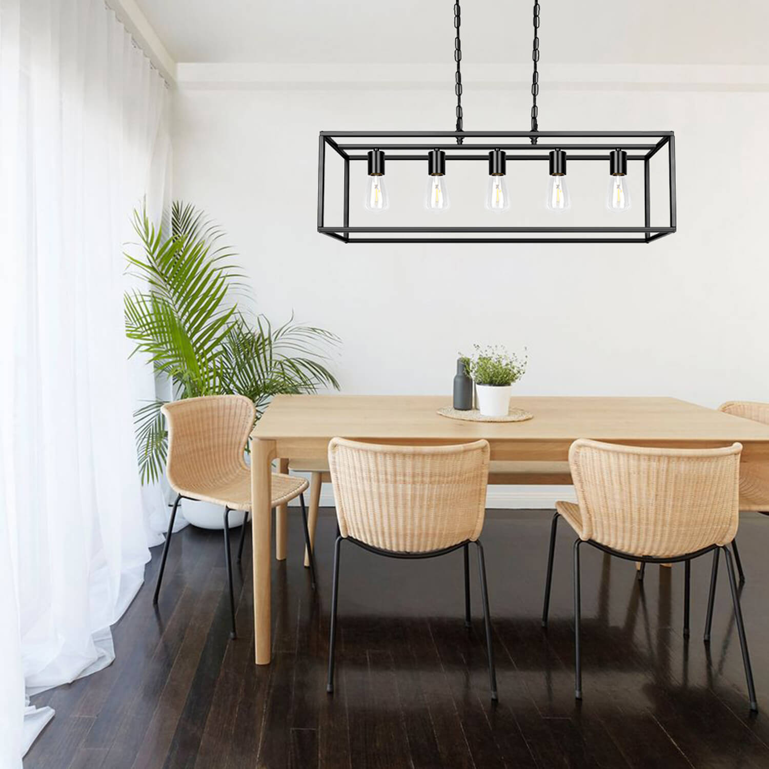 Five-Bulb Long Island Pendant Light for Dining Room – Black Metal Frame with Elongated Design, Perfect for Natural Wood Tables & Minimalist Interiors
