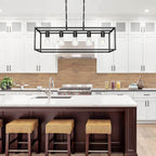 Five-Bulb Long Island Pendant Light for Kitchen Island – Black Metal Frame with Elongated Design, Blends Rustic Wood Accents & Modern White Cabinetry