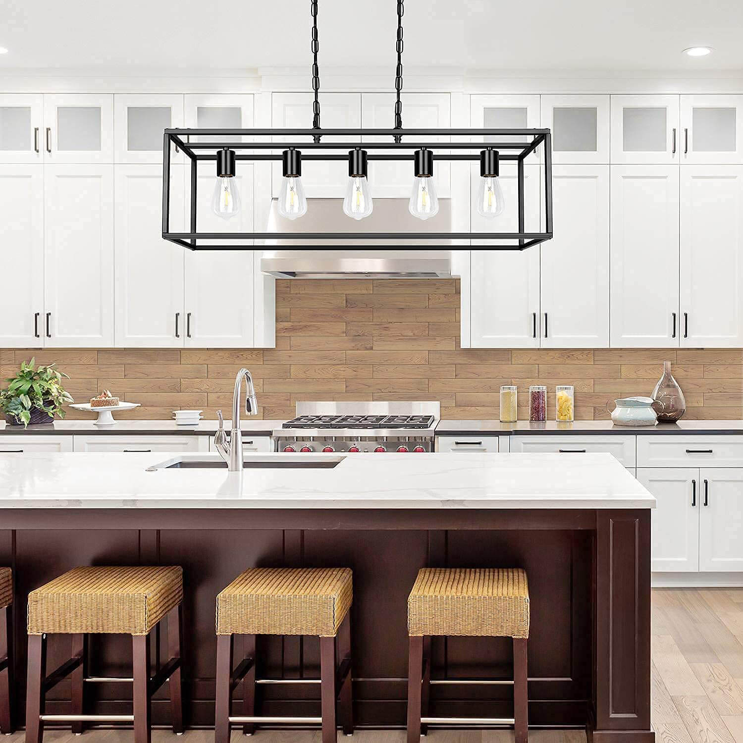 Five-Bulb Long Island Pendant Light for Kitchen Island – Black Metal Frame with Elongated Design, Blends Rustic Wood Accents & Modern White Cabinetry