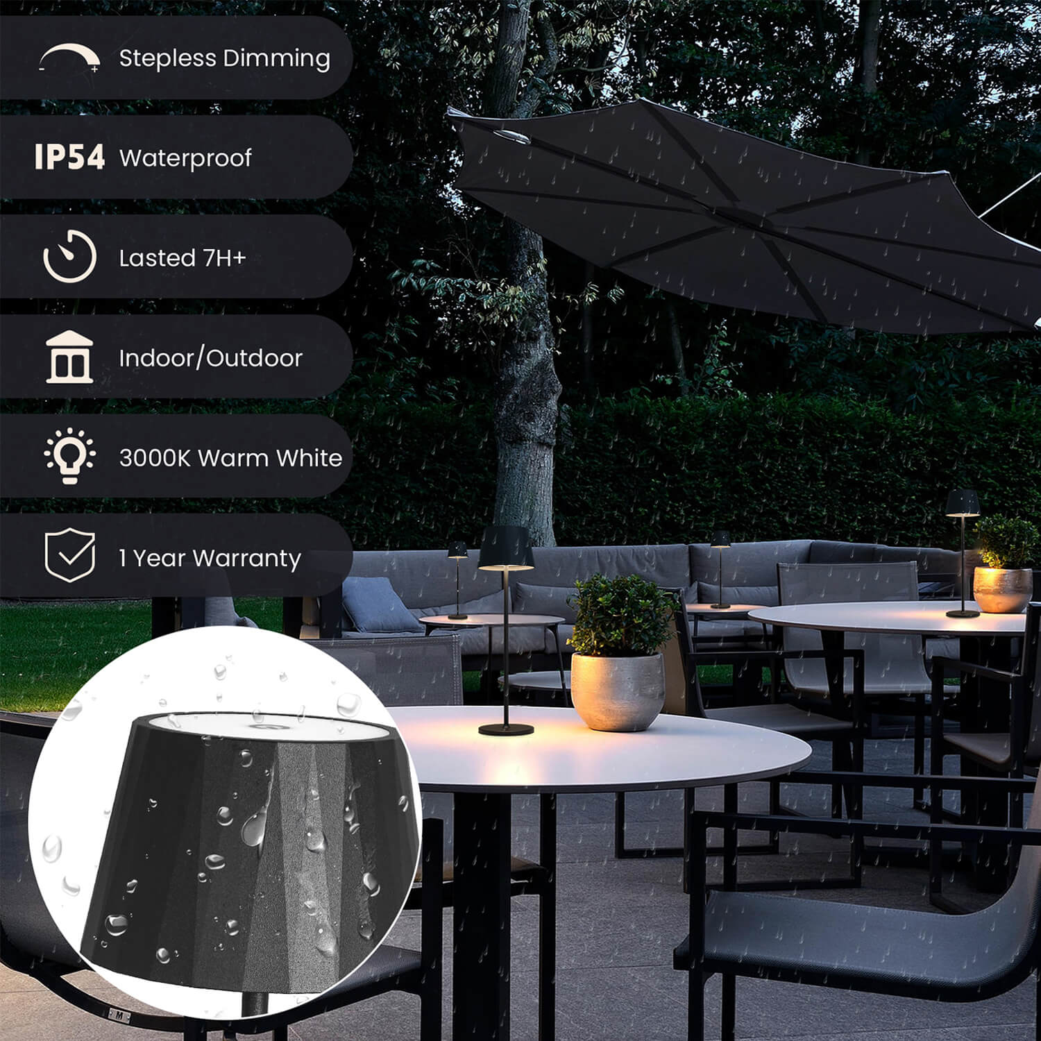 IP54 Waterproof Outdoor Table Lamp - Stepless Dimming, 3000K Warm White LED, 7H+ Runtime - Indoor/Outdoor Use for Garden, Patio, Camping with 1 Year Warranty