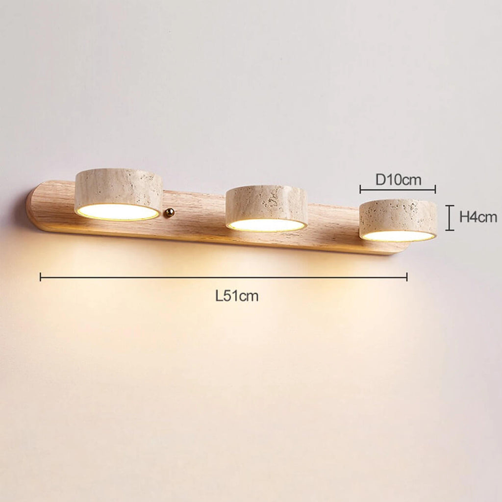 3-Light Natural Stone & Wood LED Vanity Light Dimensions: L51cm x D10cm x H4cm – Adjustable Mirror Lighting for Bathroom, Makeup, Shaving