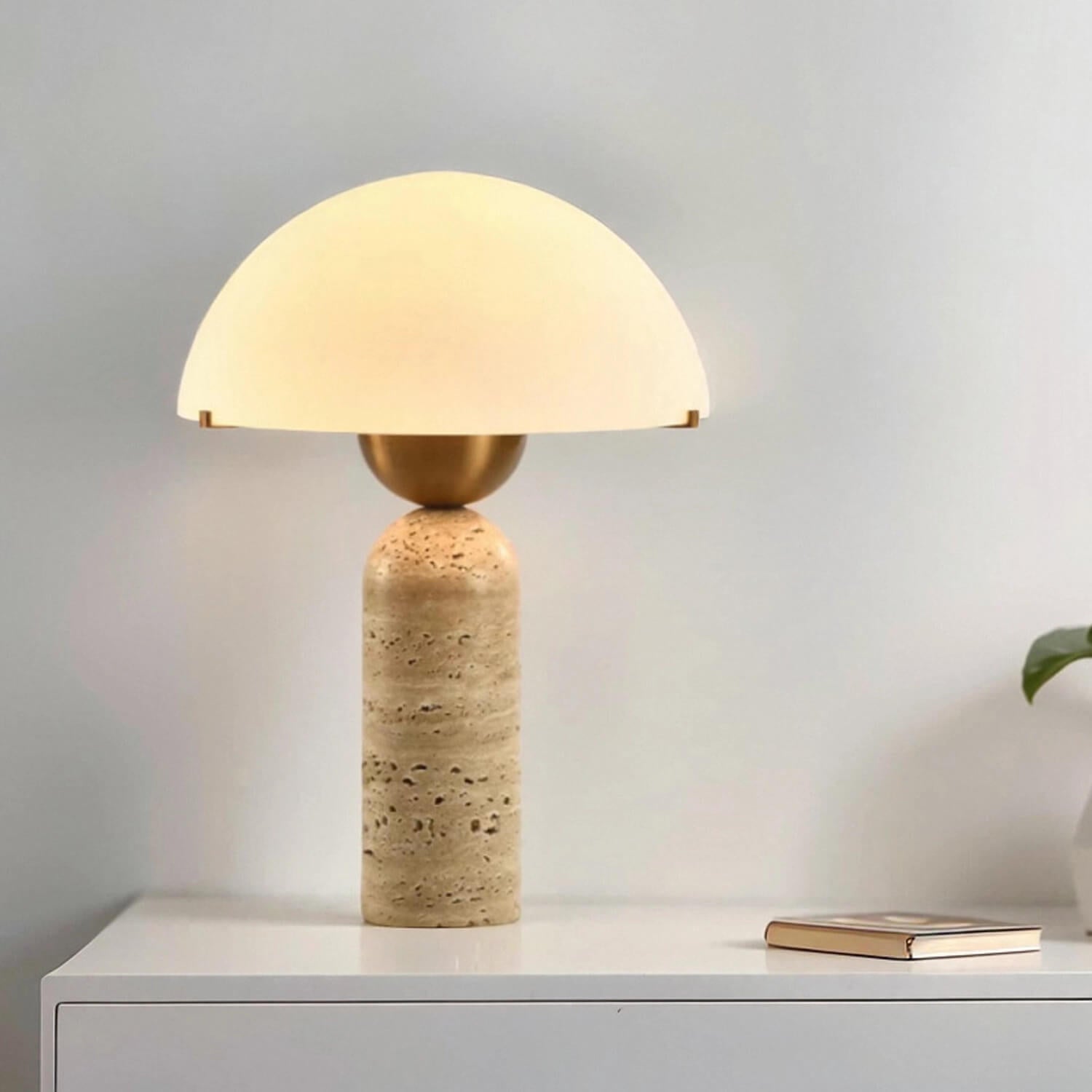 Scandinavian Mini Mushroom Table Lamp: Stone Base, Milk Glass Shade & Brass Connector – Compact Living Room Side Cabinet Lighting with Soft Ambient Glow