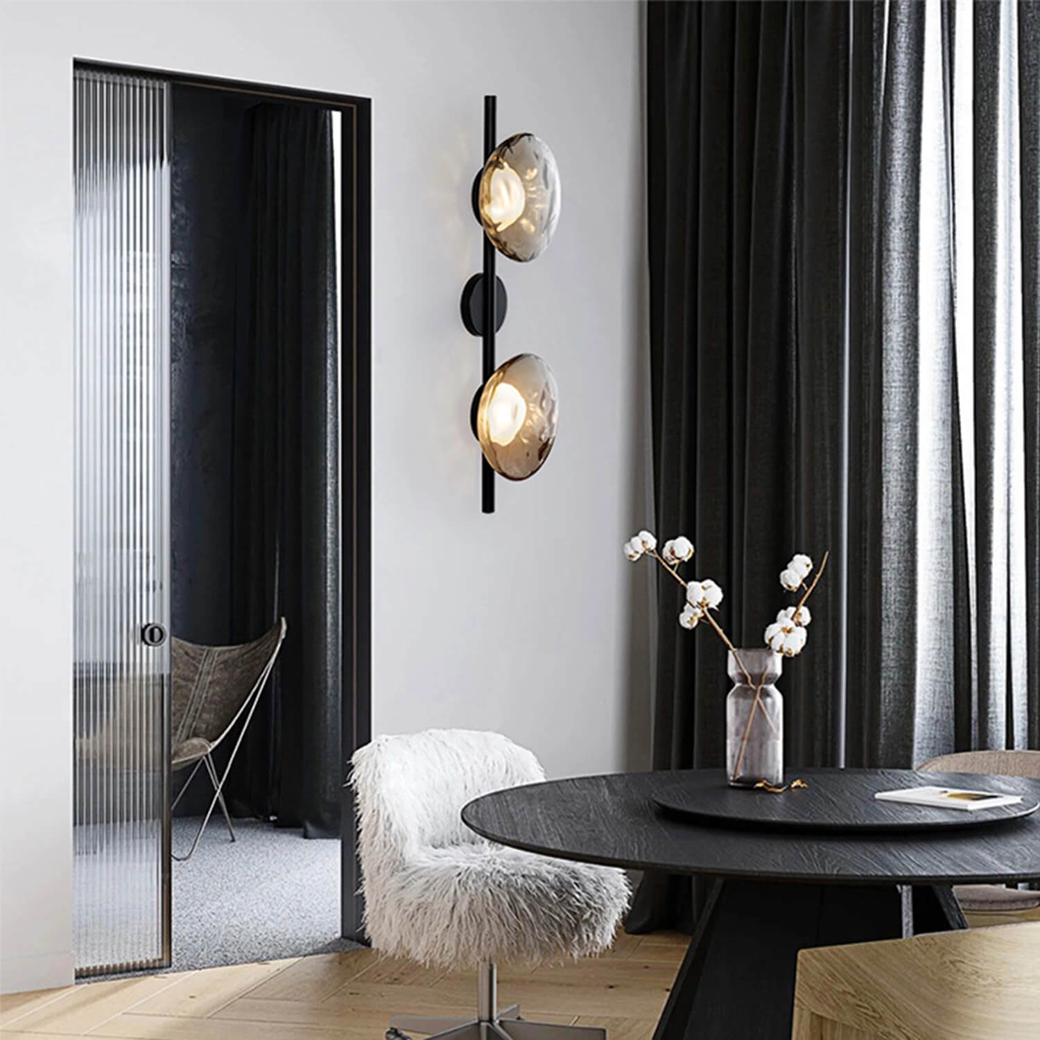 Contemporary Double Head Wall Sconce for Living-Dining Room: Amber Glass Shades, Black Metal Frame – Soft Ambient Glow | Modern Luxury Decor