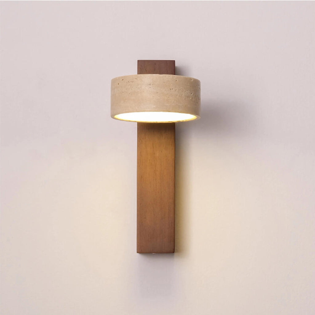 Natural Stone & Solid Wood Cylinder LED Wall Sconce: Minimalist Geometric Design, Warm Ambient Light – Modern Japandi Decor for Bedroom, Bathroom, Corridor
