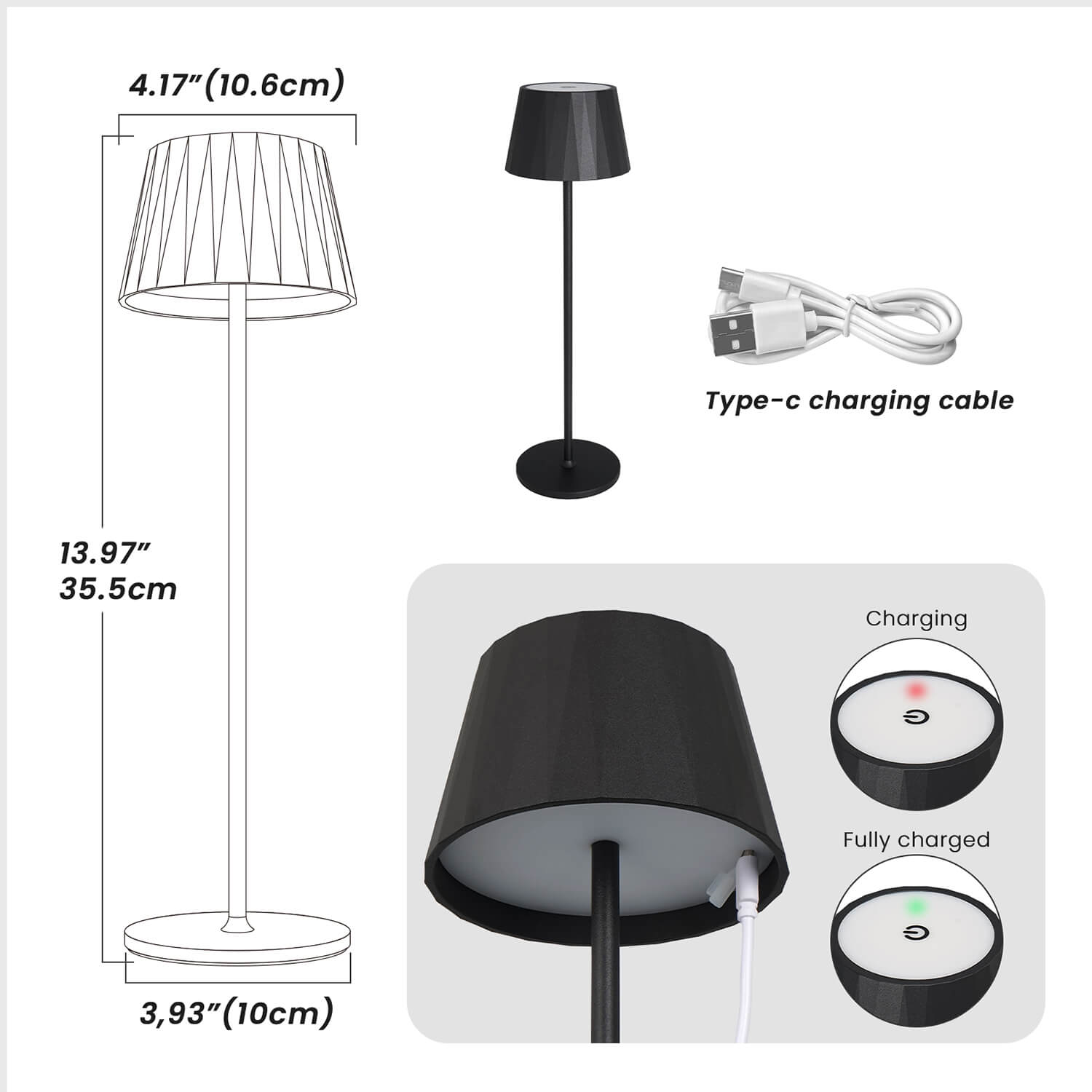 Black Portable Table Lamp Dimensions: 13.97 inches Height with 3.93 inch Base - Type-C Charging Cable Included, LED Indicator Shows Charging Status (Red) and Fully Charged (Green) - Ideal for Small Tables, Bedrooms & Outdoor Use