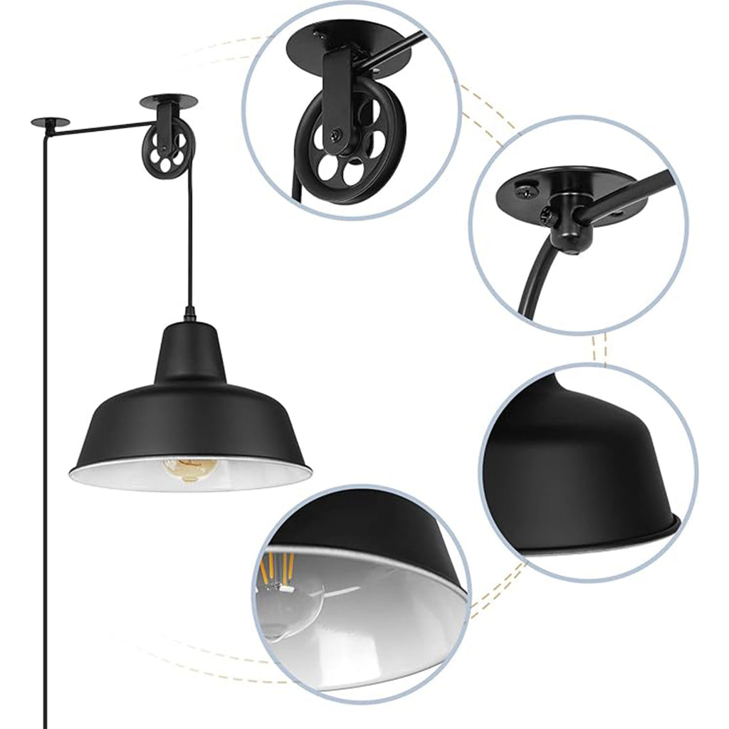 Black Pulley Pot Lid Pendant Lamp Detail Closeup: Pulley Mechanism, Canopy & Metal Shade | Vintage Industrial Hanging Light with E26 Bulb Compatibility