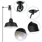 Black Pulley Pot Lid Pendant Lamp Detail Closeup: Pulley Mechanism, Canopy & Metal Shade | Vintage Industrial Hanging Light with E26 Bulb Compatibility